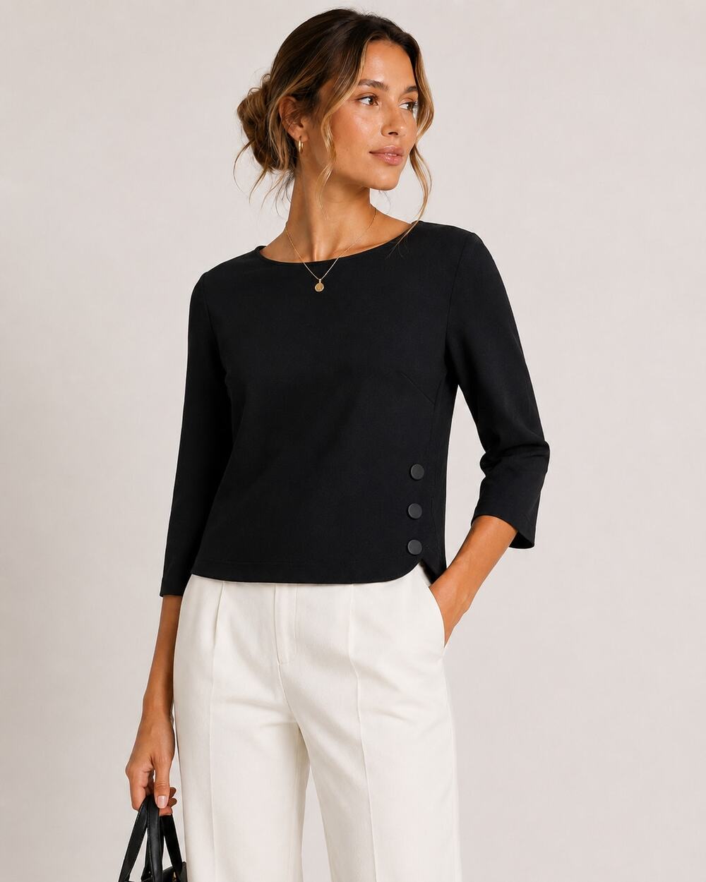 Cabi Black 3/4 Sleeve Semi Cropped Blouse Womens M Preppy Whimsigoth Shirt